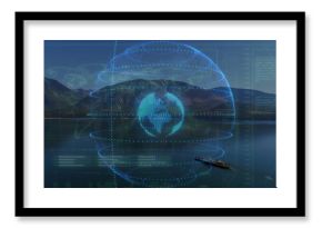 Hovering holographic globe projecting digital data over alpine lake, with tourists rowing boat