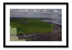 Displaying aerial farmland, grazing cattle and coastline with semi-transparent currency tickers