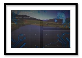 Displaying mountain lake at lakeside dusk, with overlaid code snippets, circuit nodes and UI icons