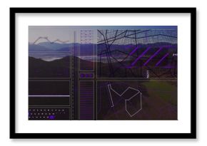 Overlaying interface panels over mountain valley lake, showing graphs, dials, code text and map