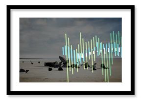 Displaying translucent audio waveform stretching across wet sandy tidal flat, with black fragments