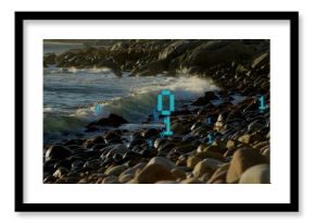 Floating turquoise binary digits hovering above smooth beach stones on rocky shore, with waves