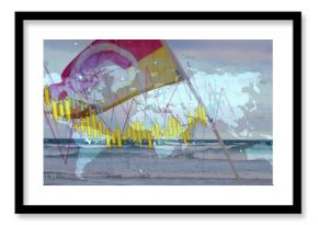 Featuring tilted pole flag fluttering on beach, waves, world map with financial overlay, copy space