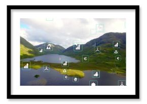 Reflecting glacial lake shining under sunlight in highland valley, with floating digital icons