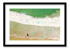 Displaying turquoise airplane and leaf icons overlaying sandy shore at beach, with eco travel theme