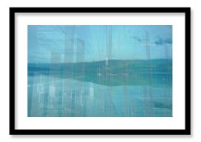 Displaying digital visualization hovering over open ocean, with translucent charts and code text
