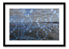 Displaying digital DNA helix floating over sea at dusk, with nodes, grid lines and code text