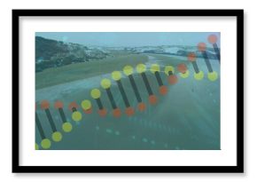 Floating stylized DNA double helix above snowy beach with colored circles and data overlays