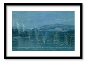Displaying financial chart over alpine lake with candlestick bars, line graphs and stock tickers