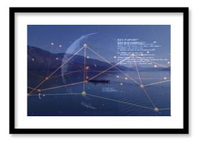 Gliding rowing team wearing life vests across mountain lake at twilight, with data network overlay