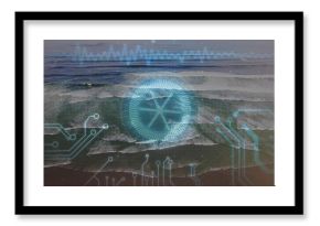 Circular radar-style interface element overlaying aerial beach, with waveform bar and board traces