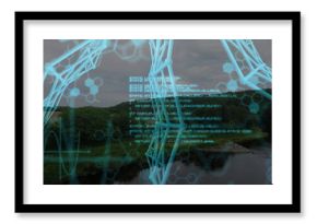 Displaying 3D blue wireframe network overlaying river valley, with teal code and chemical motifs