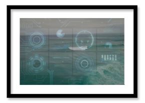 Displaying holographic interface panels floating above open sea, with data charts and circuits