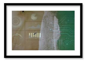 Showing shoreline merging with digital grid overlays at beach, with HUD pie chart, circuit graphics