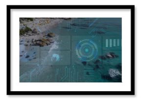 Showing aerial beach with people wading in water near white villas, yellow umbrellas HUD graphics