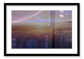 Displaying digital overlay spanning calm sea at twilight horizon, with line chart and globe diagram