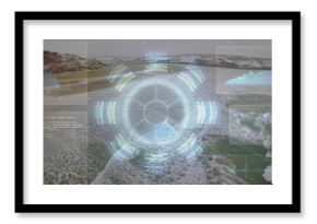 Displaying HUD reticle tracking ocean conditions over coastal bay, with segmented bars and panels