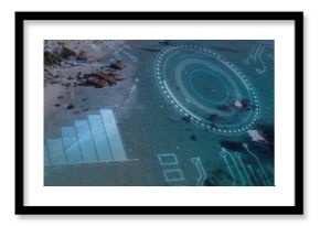 Displaying digital interface graphic overlaying coastal beach with sun umbrellas, copy space