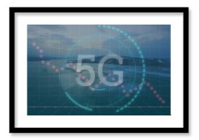 Displaying semi-transparent 5G text overlaying ocean view with HUD circles, dotted lines, grid axes