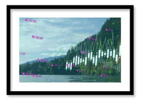 Overlaying dashboard over mountain lake showing white candlestick bars and neon green line graph