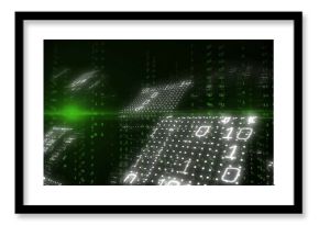 Floating panels displaying binary code in dark void, with green numeric rain and horizontal flare