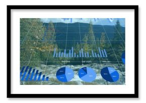 Displaying data overlay on mountain river, with grid overlay, bar pie line charts, numeric labels