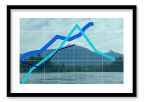 Featuring colored line charts rising over mountain lake panorama with semi-transparent grid overlay