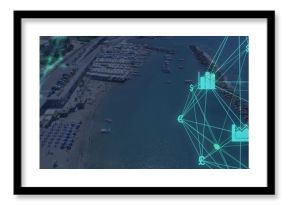 Overlaying neon-blue network showing financial data over beach umbrellas and boats, copy space