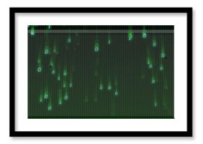 Flowing glowing green binary digits cascading over dark grid backdrop, with digital rain effect
