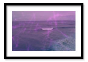 Showing expansive ocean surface rolling at sea, with white foam and purple network lines