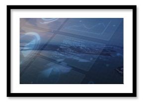 Displaying holographic panels hovering over sea at sunset, with data charts and code snippet window