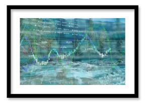 Displaying candlestick and line graph overlay over river valley with percentage labels, tickers