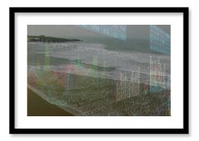 Rolling ocean waves merging on coastal shore, with financial charts, data panels and grid overlays