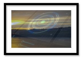 Displaying translucent circular HUD graphic overlaying sunset lake, with golden water reflections