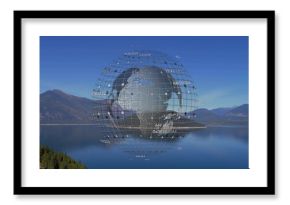 Hovering digital globe wireframe floating above lake in mountain valley, with numeric data labels