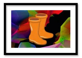Displaying stylized orange rain boots in virtual space, with colorful polygonal mesh background