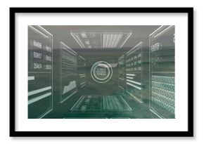 Central circular interface panel hovering above calm sea, with data panels showing numerical charts
