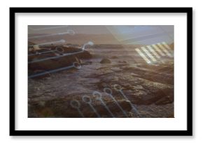 Breaking waves flowing across wet boulders, tide pools at low tide, showing circuit overlay