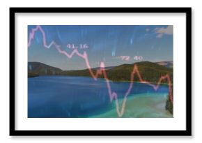 Displaying centered turquoise lake from above, wooded hills and pink or red line labeled 41