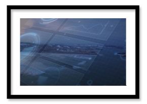 Displaying aerial coastal seascape blending light HUD elements data panels grid over ocean rocks