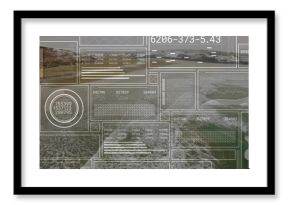 Displaying coastal shore showing rocky cliffs beach surf from drone with HUD panels and gauges