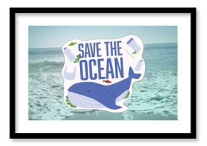 Image of save the ocean text with whale and plastic bottles over sea and beach