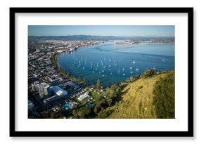 Aerial view of Mount Maunganui with Bay of Plenty and modern buildings, Tauranga, New Zealand