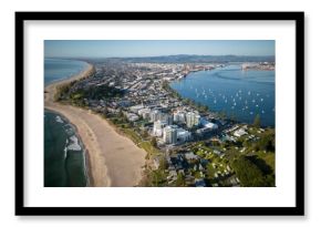 Aerial view of Mount Maunganui with Bay of Plenty and modern buildings, Tauranga, New Zealand