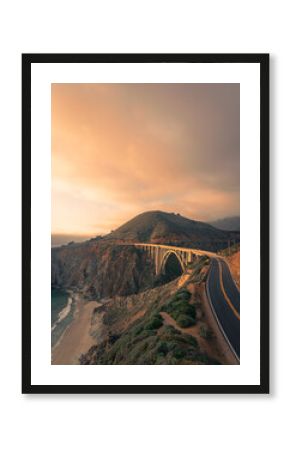 Scenic view of the Pacific coast highway and Bixby Creek Bridge in California, USA at sunrise