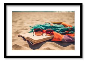 A beach scene with a book, sunglasses, and blanket for a relaxing summer day created with Generative AI technology