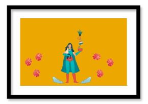 Image of superhero mum with daughter and plants over flowers moving in hypnotic motion on orange