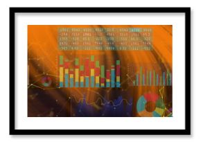 Image of multicolored graphs, number charts and connected dots over abstract background