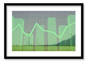 Image of financial data processing over wind turbines