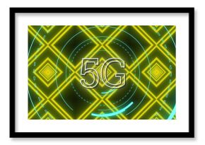 Image of 5g text over round scanner against neon kaleidoscopic patterns in seamless pattern